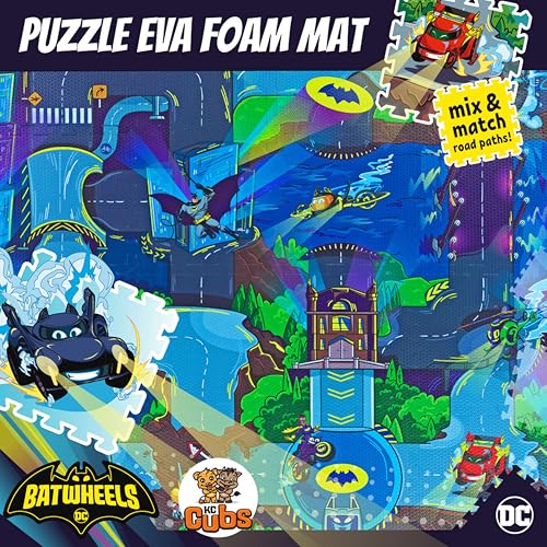 Batwheels EVA Foam Puzzle Mat - Soft, Non-Toxic Baby Play Mat for Tummy Time, Kids Preschool & Nursery - 16 Tiles, 12x12”, 24 Borders - Road Activity Gym Playmat for Boy & Girl Toddlers - KC Cubs