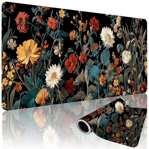 XXL Gaming Mouse Pad 35.4x15.7 Inch, Large Extended Desk Mat | Vintage Botanical Design, Non-Slip Rubber Base, Water-Resistant Surface and Stitched Edges for Gaming, Office & Home - color: Vintage flower