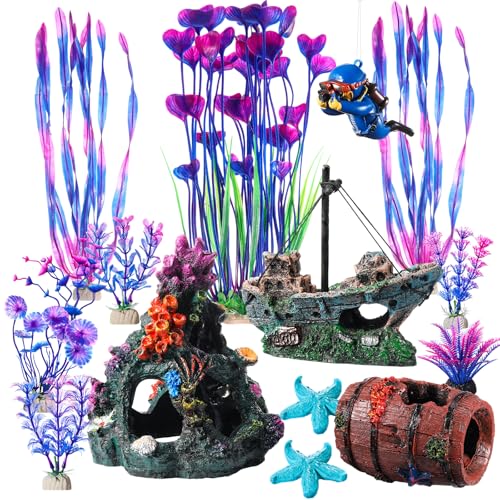 15 Pcs Fish Tank Decorations Mountain Ornament Broken Barrel Sunken Ship Artificial Seaweed Water Plants Colorful Coral Reef for Fish Bowl Aquarium Decor(Purple) - color: Purple