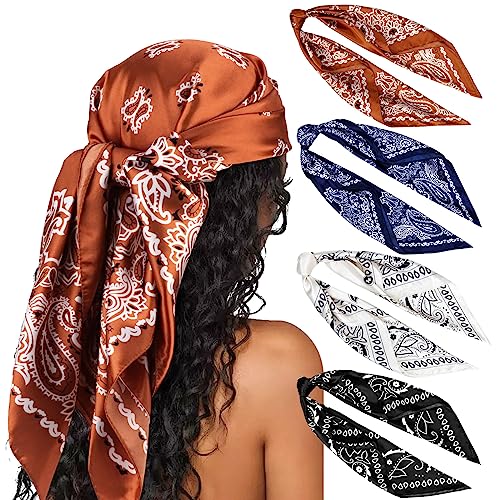 DRESHOW 35” Large Square Satin Head Scarf - 4Pcs Silk Accessories Classic Patterned Squares Beach Bandanas for Women - color: 4 Pcs: Black, White, Brown, Navy Blue