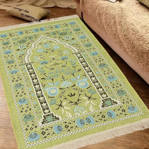 Muslim Prayer Rug, Soft Plush Thin Islamic Prayer Mat, Travel Janamaz, Sajada Tassel Praying Carpet, Ramadan Eid Hajj Gift - color: Light Green