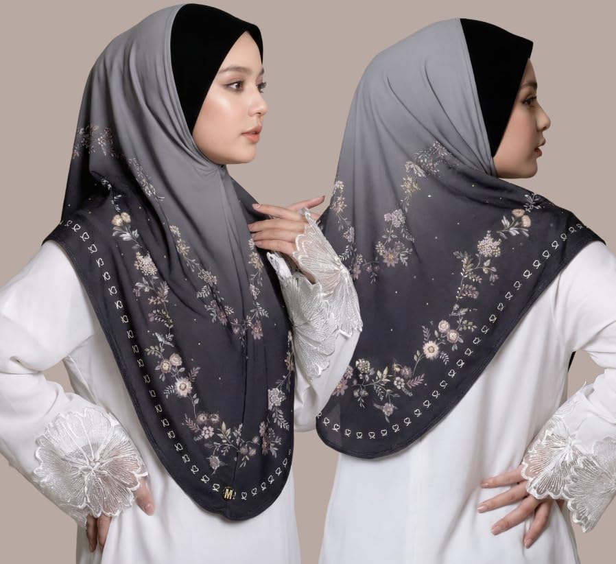 Instant Hijab For Women Ready To Wear Printed Floral Ombre Hijabs Islamic Abaya Turban Muslim Slip-On Khimar Hijab - color: 3# Ink Grey