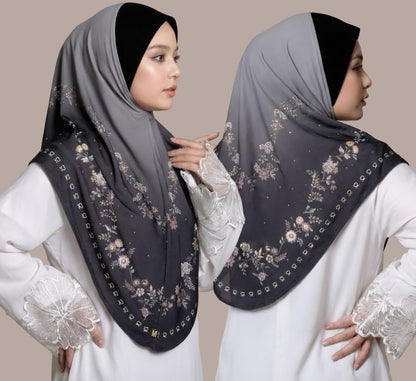 Instant Hijab For Women Ready To Wear Printed Floral Ombre Hijabs Islamic Abaya Turban Muslim Slip-On Khimar Hijab - color: 3# Ink Grey