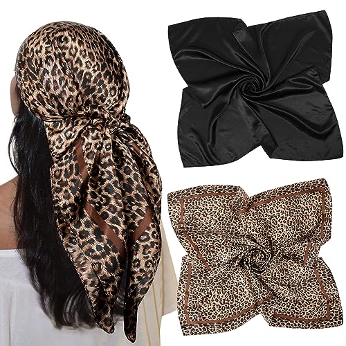AWAYTR 35” Large Satin Square Head Scarf - 2Pcs Silk Like Floral Head Scarves Square Satin Hair Scarf Bandanas for Women - color: Leopard + Black
