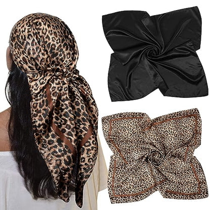 AWAYTR 35” Large Satin Square Head Scarf - 2Pcs Silk Like Floral Head Scarves Square Satin Hair Scarf Bandanas for Women - color: Leopard + Black