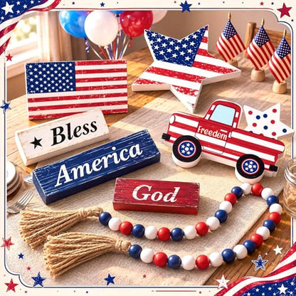 Yousoontic 7 Pcs 4th of July Tiered Tray Decor Set, Patriotic Wooden Table Decorations with Bead Garland, Rustic Farmhouse USA Independence Day Decor for Kitchen, Tabletop, Mantel - style: 4th of July