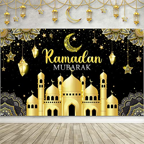 Boyiee Ramadan Mubarak Decorations Backdrop Banner Muslim Ramadan Kareem Background Eid Mubarak Sign Photo Booth Backdrop Background for Home Muslim Eid Al Fitr Party Supplies(Black) - color: Black