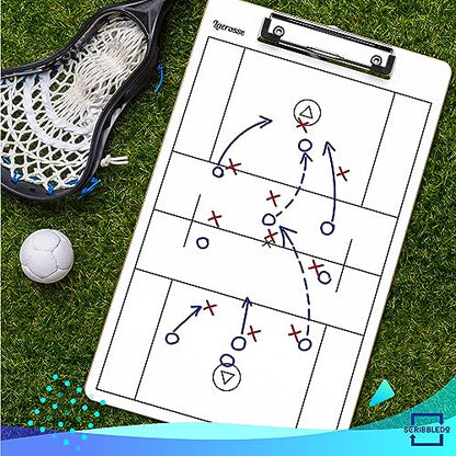 SCRIBBLEDO Lacrosse Dry Erase White Board for Coaches 15x9 Double Sided Coaching Clipboard with Field Diagram Lineup Sheet and Score Tracker for Games and Practice
