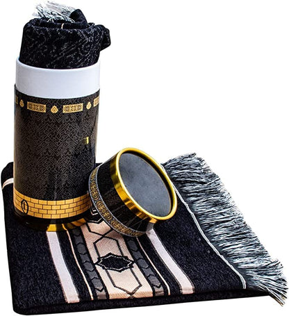 Islamic Prayer Mat Gift Pack with Rosary Beads (Tasbih), Musalla, Muslim Prayer Rugs, Sajjadah, Janamaz, Ramadan Gift (Black703) - color: Black703