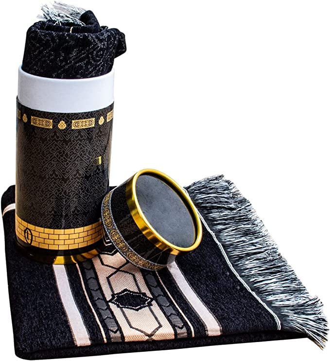 Islamic Prayer Mat Gift Pack with Rosary Beads (Tasbih), Musalla, Muslim Prayer Rugs, Sajjadah, Janamaz, Ramadan Gift (Black708) - color: Black708