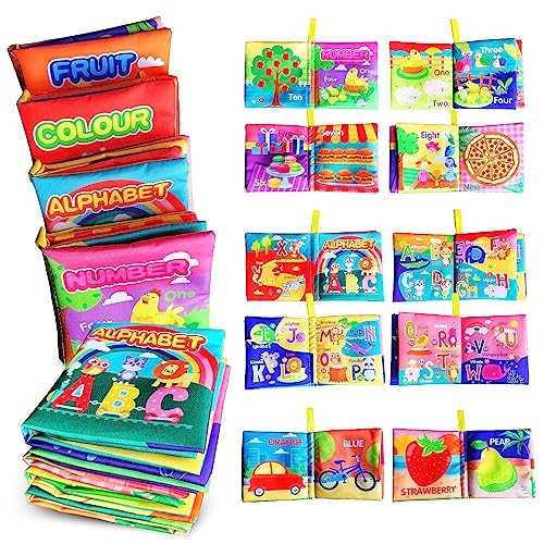 Soft Cloth Baby Books 4 Pack,ABC-Z&1-10&Colour&Fruit,Touch Crinkle Sensory Toys for Newborn Infants Toddler Non-Toxic Early Educational Preschool Learning Toy Gift 0-3 6-12 18 Months