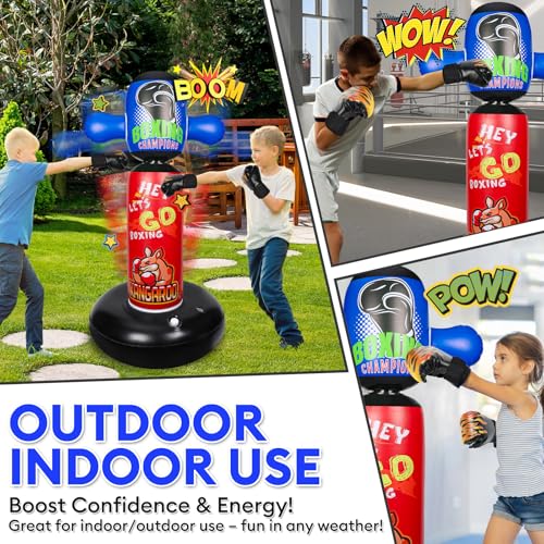 Punching Bag for Kids with 360° Rotating Head, Hyperzoo 63" Heavy-Duty Inflatable Boxing Bag with Glove, Freestanding Punching Bag Toy for Boys & Girls Ages 5–12 – Great