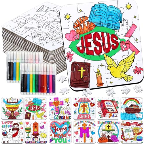 24 Sets Sunday School Crafts for Kids Ages 4-8, Christian VBS Craft Puzzle Jesus Cross Bible, Religious Arts Gifts for Classroom DIY Activity, Back to School Party Favors, Coloring Game Bulk Supplies - color: Sunday School Colorful