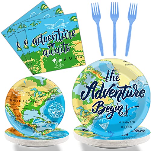 Wiooffen 96 Pcs Adventure Awaits Party Supplies Travel Map Birthday Plates Napkins Forks for Birthday Retirement Going Away Bon Voyage Paper Tableware Set Adventure World Party Decorations 24 Guests - style: Adventure Awaits Party
