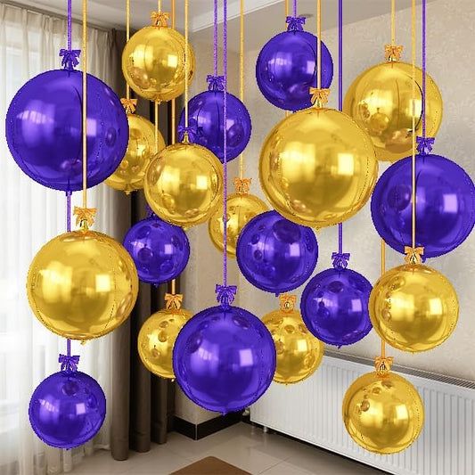 Togvu Purple Gold Round Foil Balloons, 16PCS Different Sizes 4D Metallic Balloon Large Sphere Mirror Ball Balloons for Prom Graduation New Year Festival Birthday Party Ceiling Decorations Supplies - color: Purple Gold