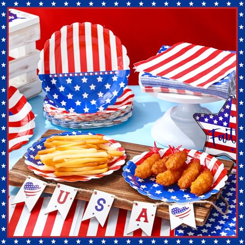 Funnymoom 96 Pcs 4th of July Tableware Set for 48 Guests Include 48 Pcs 7 Inch Dessert Plates and 48 Napkins Patriotic American Star Flag Dinnerware for 250th Anniversary Independence Day Party - style: Americana