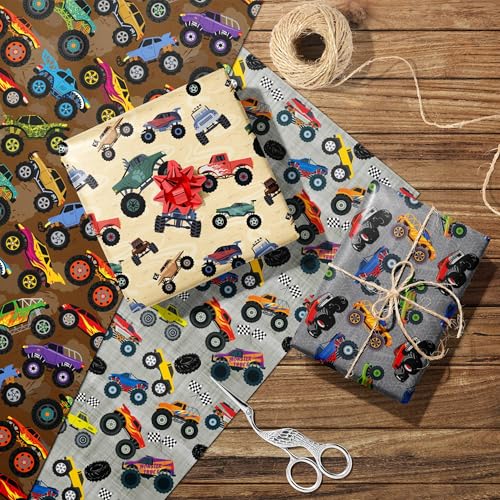 Cuitpan Monster Trucks Wrapping Paper for Kids Birthday Baby Shower - Gift Wrap with Monster Trucks, Checkered Flag Designs - 20 x 29 Inches, 8 Folded Sheets, Recycled… - color: Gray-Monster Trucks