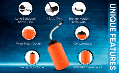Squeezable Water Bottle Bendable Long Straw - LDPE BPA Free Plastic - Hydration for Baseball Hockey Gym MMA Yoga Boxing Cycling Softball Football Lacrosse (35.5 Oz.) - style: Orange American Flag