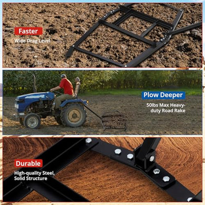 Garvee 74 Inch Wide Heavy Duty Steel Drag Harrow – Tow Behind Leveling Rake with Pin Hitch, Up to 50lbs Capacity, Perfect for Lawn, Driveway, Garden, Tractors, ATVs, UTVs, Mowers – Great for Sand - size: 74 in
