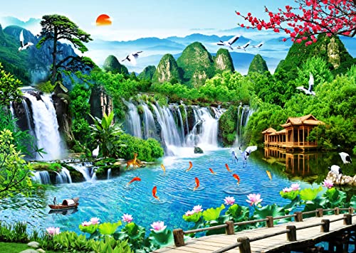 BELECO 10x8ft Fabric Mountain Lake Wonderland Backdrop for Photography Waterfalls Backdrop Mountain Pavilion Bridge Lotus Crane Spring Flowers Asian Landscape Painting Nature Backgroud Photo Props - size: 10x8FT