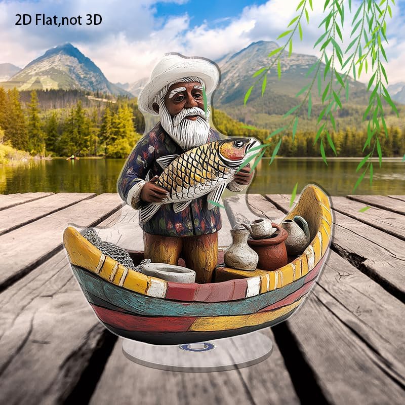 YLUYINOM 2D Flat Acrylic Display Plaque, Elderly Man Figurine in A Boat Proudly Holding A Fish with Fishing Tools Around. Rotatable, with Base - color: Picture 25