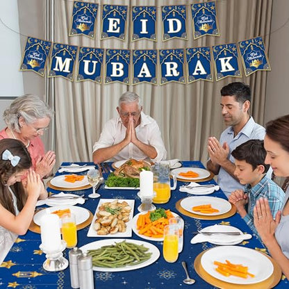 Iceyyyy 4 Pcs Ramadan Party Supplies Decoration Set-108"x54" Disposable Ramadan Mubarak Tablecloth & 32.8Ft Banner-Blue Eid Celebration Decoration for Muslim Ramadan Picnic Home Kitchen Party