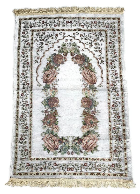 Islam Portable Sajadah Carpet Islam Thin Prayer Mat AMN-211 Floral Design Travel Rug Muslim Gift (White) - color: White