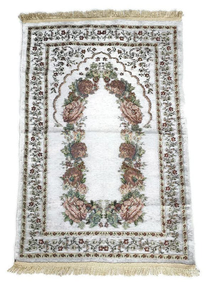 Islam Portable Sajadah Carpet Islam Thin Prayer Mat AMN-211 Floral Design Travel Rug Muslim Gift (White) - color: White