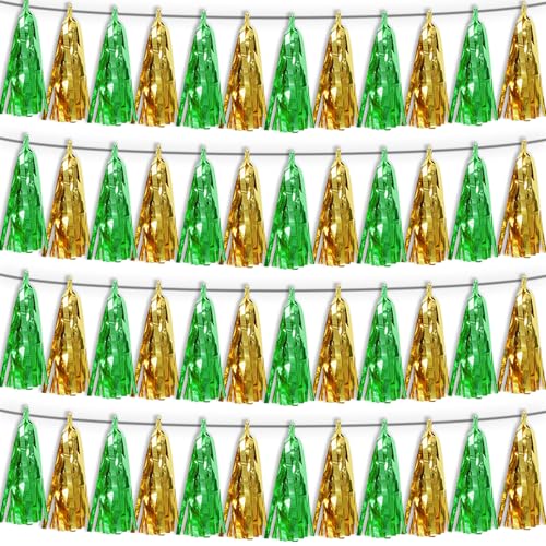 4P Sage-Green Gold Tassel Banner Garland Metallic Foil Fringe Banner Tinsel Tassels Streamer Banner Backdrop for Parade Floats, Graduation Decorations, Woodland Party Decoration - color: Green Gold