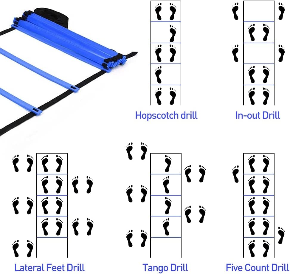 Speed & Agility Ladder Training Equipment Set, Includes 12 Rung 20ft Agility Ladder, 4 Agility Hurdles,12 Disc Cones, 1 Resistance Parachute for Training Football Soccer Basketball Athletes - color: blue