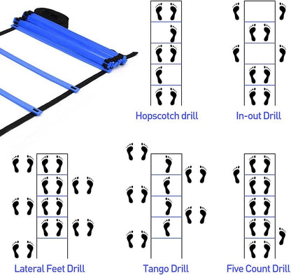 Speed & Agility Ladder Training Equipment Set, Includes 12 Rung 20ft Agility Ladder, 4 Agility Hurdles,12 Disc Cones, 1 Resistance Parachute for Training Football Soccer Basketball Athletes - color: blue