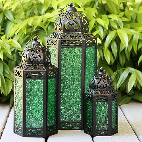 VELA LANTERNS Set of 3 Green Glass & Black Metal Moroccan Candle Lantern Holders (XL, Large, Small) - Decorative Indoor/Outdoor Decor for Patio, Floor, Weddings & Ramadan - color: Green, size: XL-LAR-SM