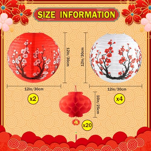 26 Pcs Hibachi Party Decorations Contains 6 Japanese Lanterns with Cherry Blossom Patterns, 20 Chinese Red Lanterns for Chinese New Year Home Restaurant Hibachi Party Japanese Restaurant