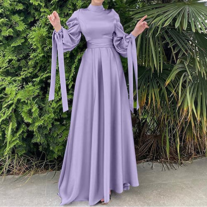 OBEEII Muslim Dress for Women Loose Full Cover Long Abaya Satin Dress Kaftan Abayas Islamic Robe S-XXL - color: Purple, size: Small