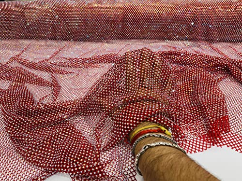 New Creations Fabric & Foam Inc, 45" Wide AB Iridescent Rhinestone On Soft Stretch Fish Net Fabric by The Yard (1 Yard, Iridescent Rhinestones on Red Mesh) - color: Iridescent Rhinestones on Red Mesh