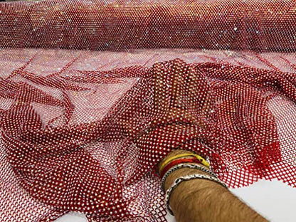 New Creations Fabric & Foam Inc, 45" Wide AB Iridescent Rhinestone On Soft Stretch Fish Net Fabric by The Yard (1 Yard, Iridescent Rhinestones on Red Mesh) - color: Iridescent Rhinestones on Red Mesh