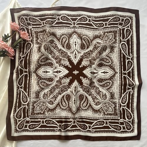 FONYVE Silk Feeling Scarf Medium Square Satin Head Scarf for Women 27.5 × 27.5 inches - color: 04 Brown Paisley