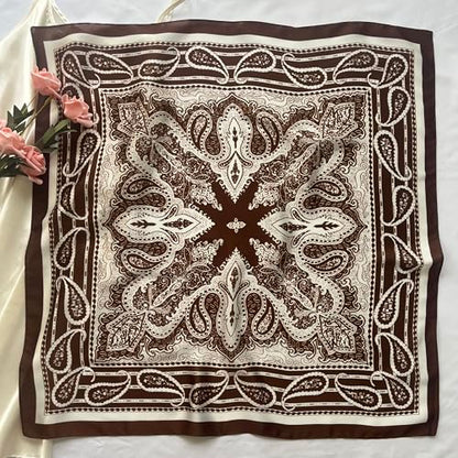 FONYVE Silk Feeling Scarf Medium Square Satin Head Scarf for Women 27.5 × 27.5 inches - color: 04 Brown Paisley