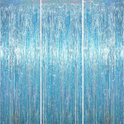 Voircoloria Light Blue Foil Fringe Backdrop Curtains, 3.3x6.6ft, 3pcs - color: Light Blue