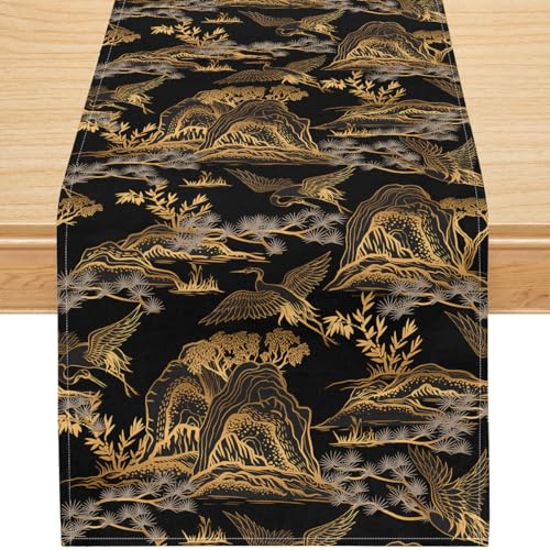 Gold Crane Table Runner, Oriental Black Golden Japanese Style Mountain Pine Linen Dining Table Runner, Vintage Asian Art Washable Table Decoration for Wedding, Party, Holiday, 13×36 Inch - color: Golden Crane, size: 13x36inch