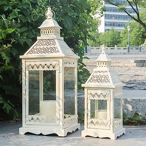 NEEDOMO Lanterns Decorative Outdoor & Indoor, Set of 2 Outdoor Lanterns for Porch,Large Square Candle Lantern, Beige Metal Frame with Glass for Fall, Christmas - color: Beige-21"+15"