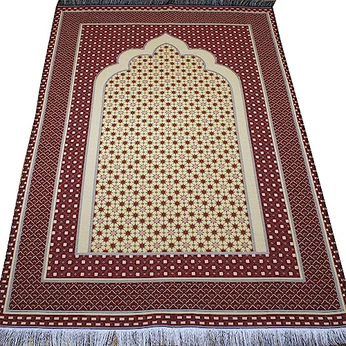 Modefa Turkish Islamic Prayer Mat Janamaz Sajjadah | Thin Woven Cotton Praying Rug Ramadan Eid Gift | Traditional Muslim Sejada for Men Women - Hira Diamond (Red) - color: Red