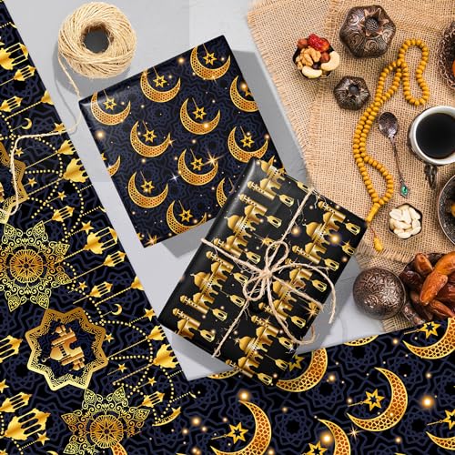 WGOCAUK 12 Sheets Eid Mubarak Wrapping Paper, 20x27in Moon Star Words Lantern Patterns Gift Wrap Paper Ramadan Kareem Wrapping Paper for Mubarak Party Gift Wrapping Supplies (Black) - color: Black