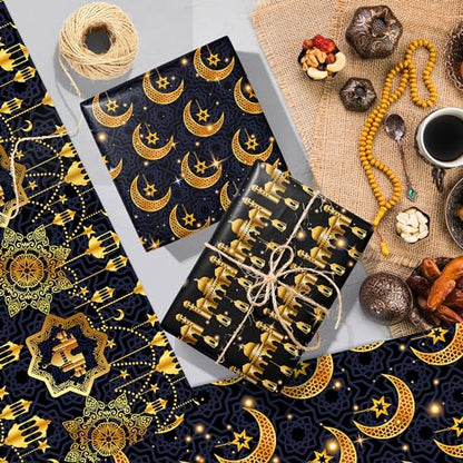 WGOCAUK 12 Sheets Eid Mubarak Wrapping Paper, 20x27in Moon Star Words Lantern Patterns Gift Wrap Paper Ramadan Kareem Wrapping Paper for Mubarak Party Gift Wrapping Supplies (Black) - color: Black