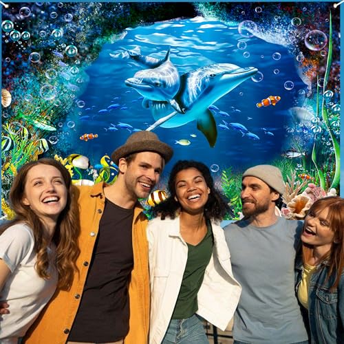 Ocean Dolphins Backdrop 10x8 FT Under the Sea Cave Photo Backdrops Underwater Corals Fish Party Decorations Background Kinds Adult Baby Shower Birthday Photo Booth Props - size: 10x8 FT