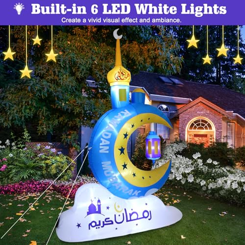 Lewondr 8.20FT Outdoor Inflatable Ramadan Moon Decorations,Waterproof Inflatable Eid Mubarak Decor,Blow Up Muslim Holy Celebration Decor with LED Lights,Muslim Holidays Inflatable for Yard,Blue Moon - style: Blue Moon