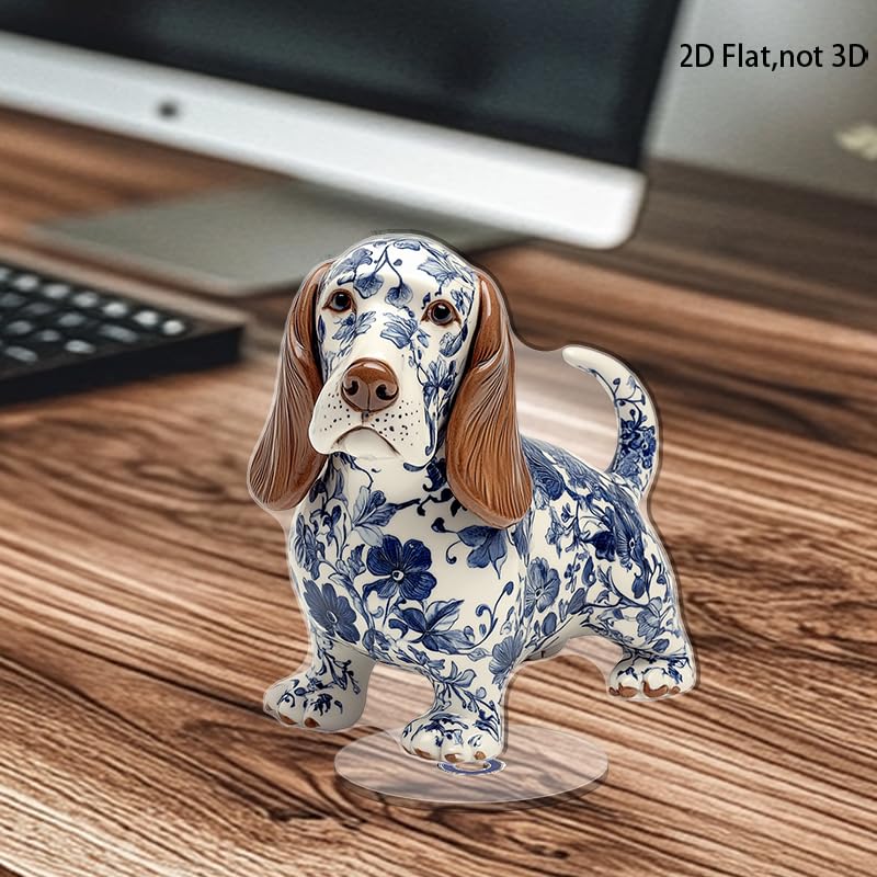 YLUYINOM 2D Flat Acrylic Display Plaque, Detailed Basset Hound Figurine with Blue Floral Patterns Featuring Realistic Facial Features and Glossy Finish. Rotatable, with Base - color: Picture 18