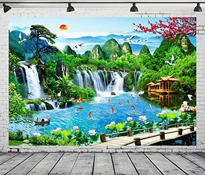 BELECO 6x4ft Fabric Mountain Lake Wonderland Backdrop for Photography Waterfalls Backdrop Mountain Pavilion Bridge Lotus Crane Spring Flowers Asian Landscape Painting Nature Backgroud Photo Props - size: 6x4FT