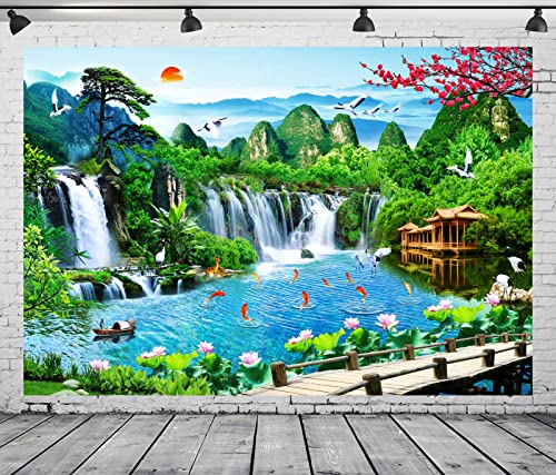BELECO 9x6ft Fabric Mountain Lake Wonderland Backdrop for Photography Waterfalls Backdrop Mountain Pavilion Bridge Lotus Crane Spring Flowers Asian Landscape Painting Nature Backgroud Photo Props - size: 9x6FT
