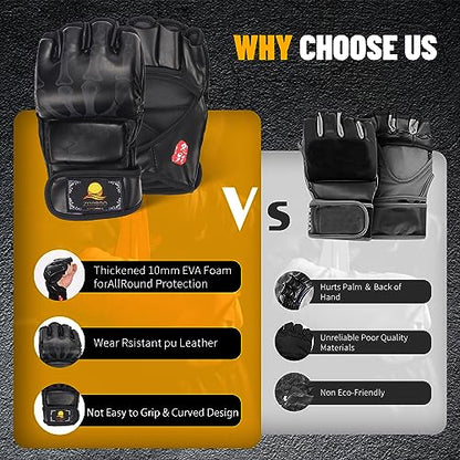 ZooBoo MMA Gloves, Half-Finger Boxing Fight Gloves MMA Mitts with Adjustable Wrist Band UFC Gloves for Sanda Sparring Punching Bag Training (One Size Fits Most) - color: G-Black